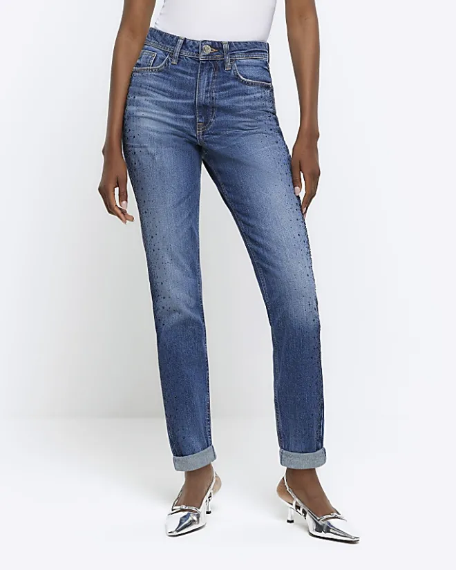 River Island high waisted embellished mom jeans Blue Discount