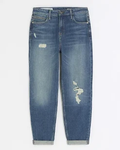 River Island high waisted mom ripped jeans Blue Outlet