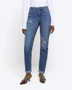 River Island high waisted mom ripped jeans Blue Outlet