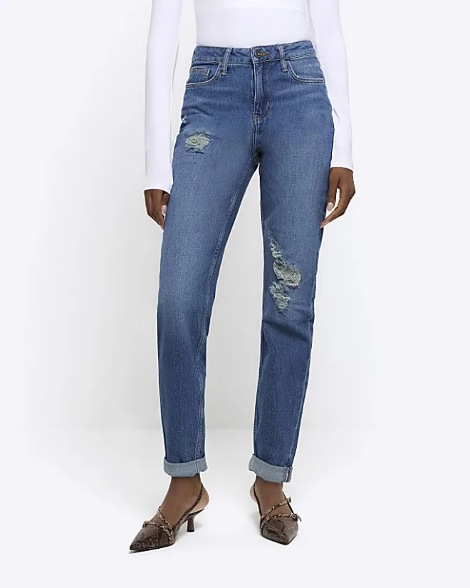 River Island high waisted mom ripped jeans Blue Outlet