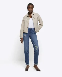 River Island high waisted mom ripped jeans Blue Outlet