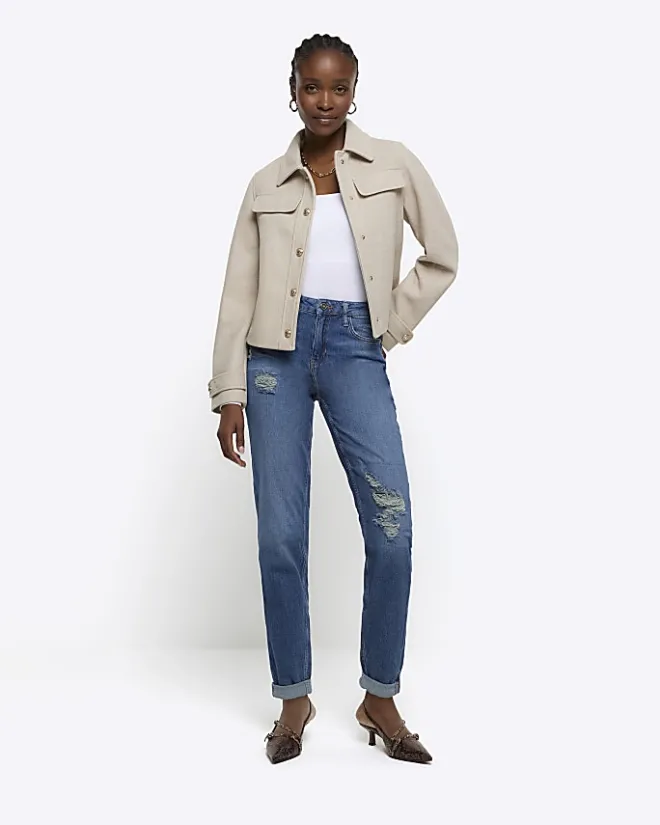 River Island high waisted mom ripped jeans Blue Outlet