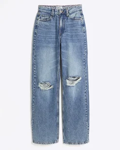 River Island high waisted relaxed straight rip jeans Blue Sale