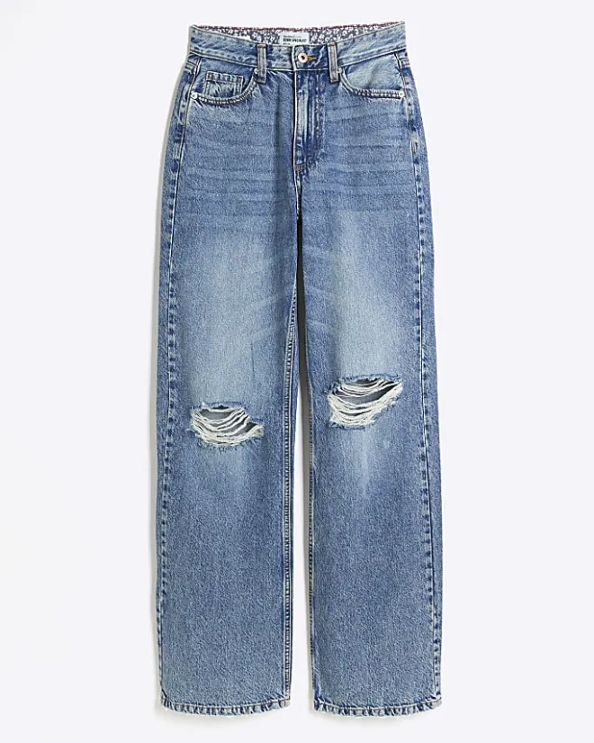 River Island high waisted relaxed straight rip jeans Blue Sale