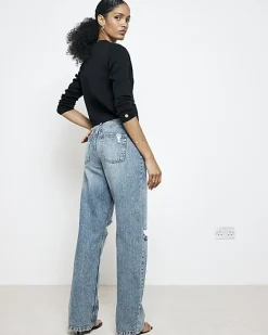 River Island high waisted relaxed straight rip jeans Blue Sale