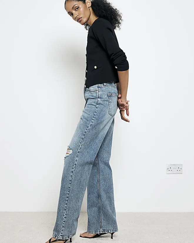 River Island high waisted relaxed straight rip jeans Blue Sale