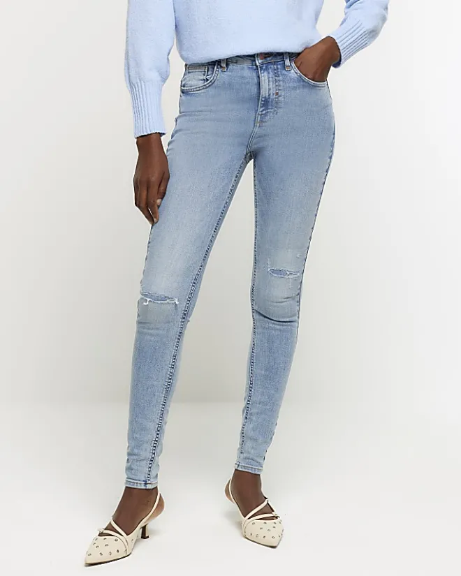 River Island high waisted ripped jeggings Blue Online
