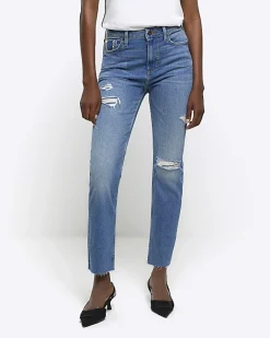 River Island high waisted slim fit ripped jeans Blue Sale