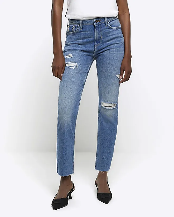 River Island high waisted slim fit ripped jeans Blue Sale
