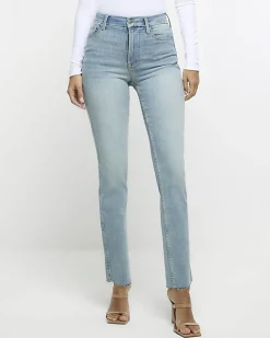 River Island high waisted slim straight leg jeans Blue Outlet