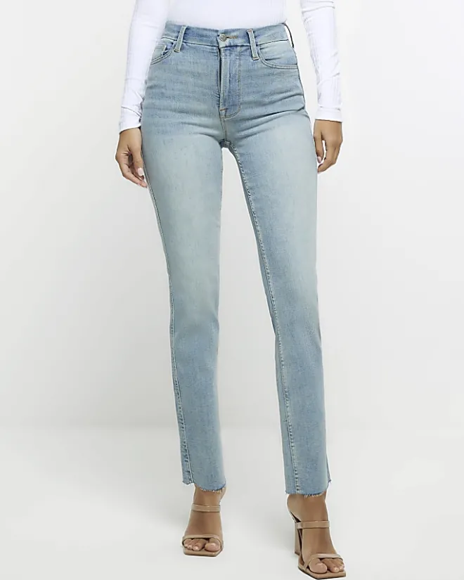 River Island high waisted slim straight leg jeans Blue Outlet