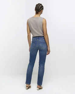 River Island High Waisted Slim Straight Jeans Blue Discount