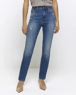 River Island High Waisted Slim Straight Jeans Blue Discount
