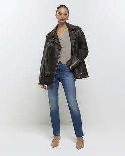 River Island High Waisted Slim Straight Jeans Blue Discount