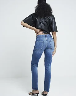 River Island High Waisted Slim Straight Jeans Blue Fashion