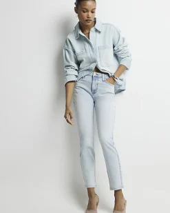 River Island high waisted slim straight jeans Blue Clearance