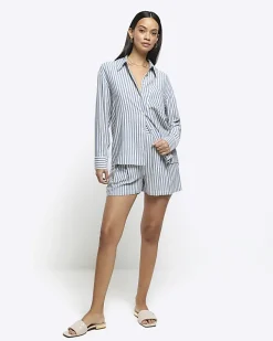 River Island linen blend stripe shorts Blue Sale