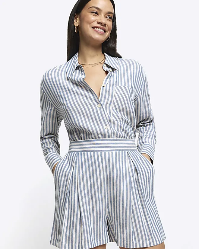 River Island linen blend stripe shorts Blue Sale