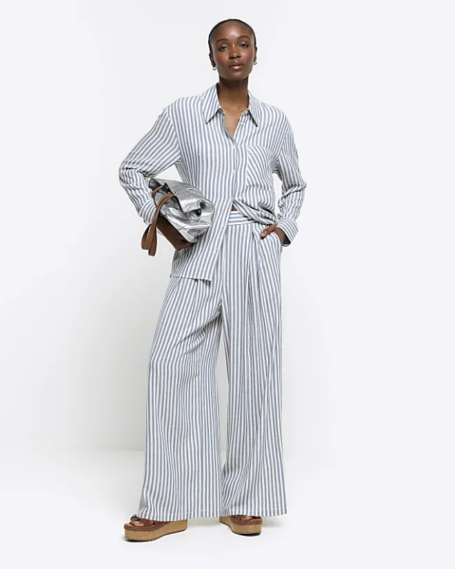 River Island linen blend stripe shirt Blue New