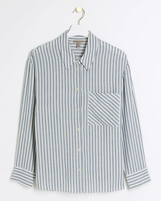 River Island linen blend stripe shirt Blue New