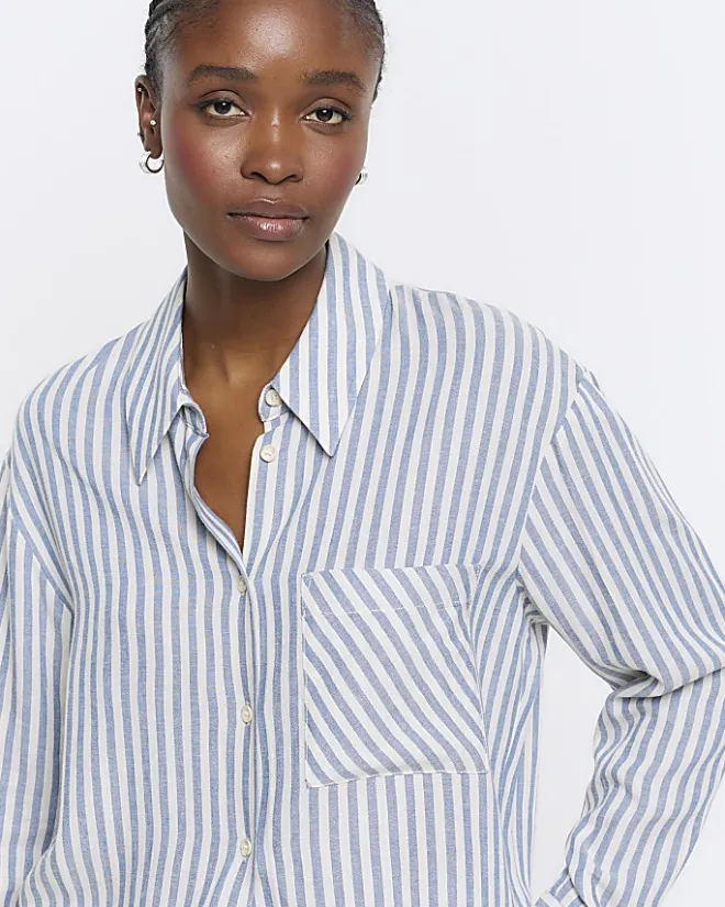 River Island linen blend stripe shirt Blue New