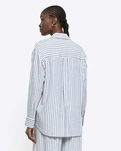 River Island linen blend stripe shirt Blue New