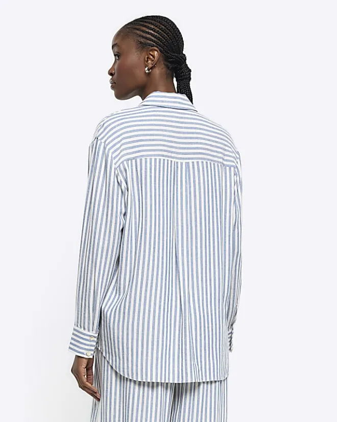 River Island linen blend stripe shirt Blue New