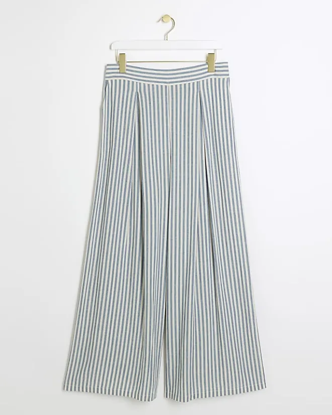 River Island linen blend stripe wide leg trousers Blue Sale