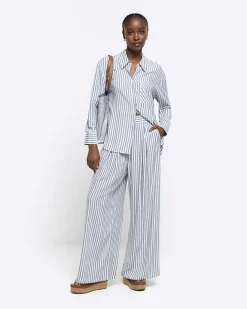 River Island linen blend stripe wide leg trousers Blue Sale