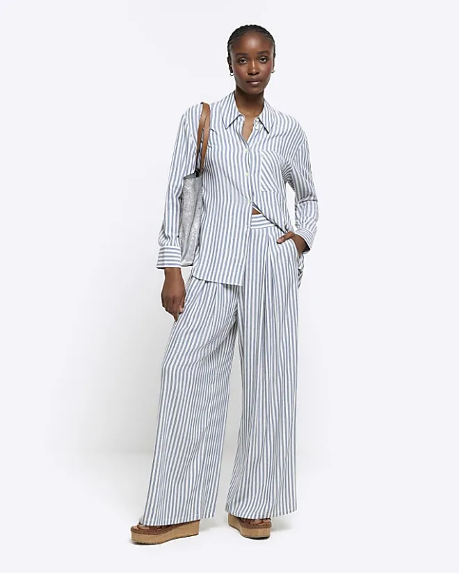 River Island linen blend stripe wide leg trousers Blue Sale
