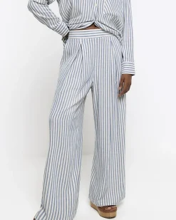 River Island linen blend stripe wide leg trousers Blue Sale