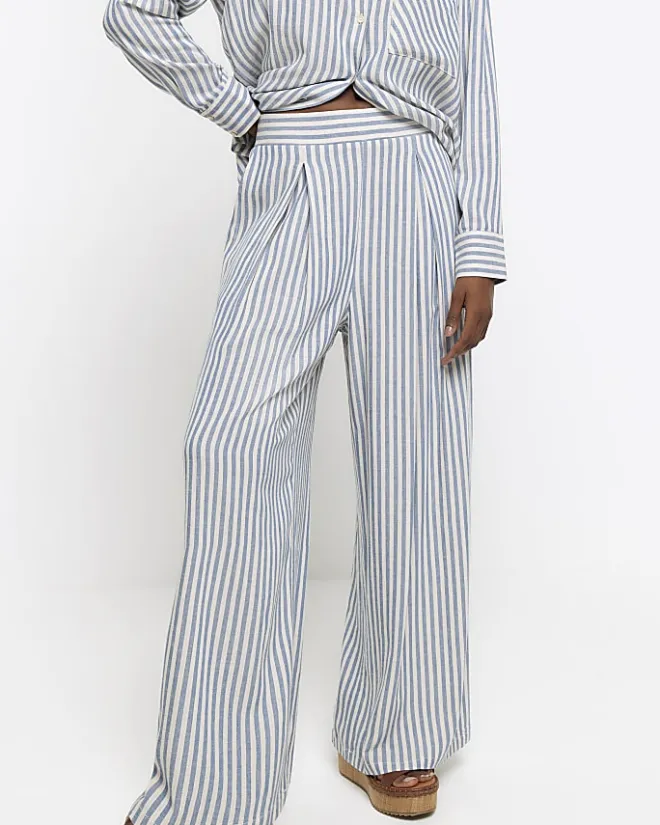 River Island linen blend stripe wide leg trousers Blue Sale
