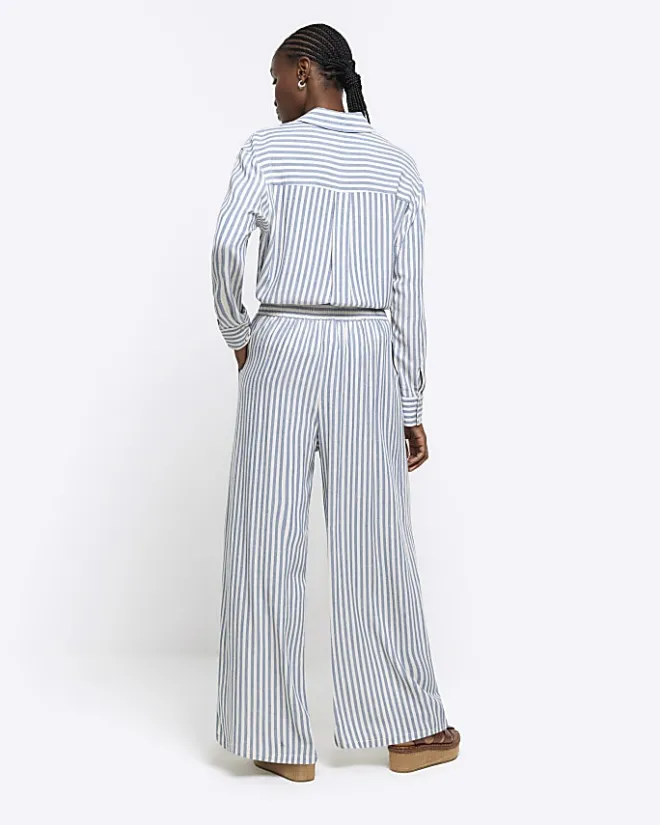 River Island linen blend stripe wide leg trousers Blue Sale