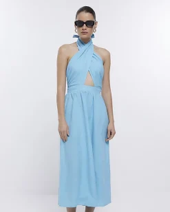 River Island linen halter neck midi dress Blue Discount