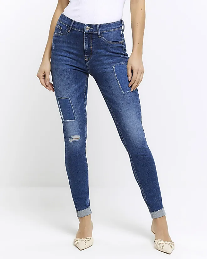 River Island mid rise bum sculpt patch skinny jeans Blue Best