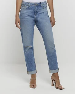 River Island mid rise relaxed straight jeans Blue Hot
