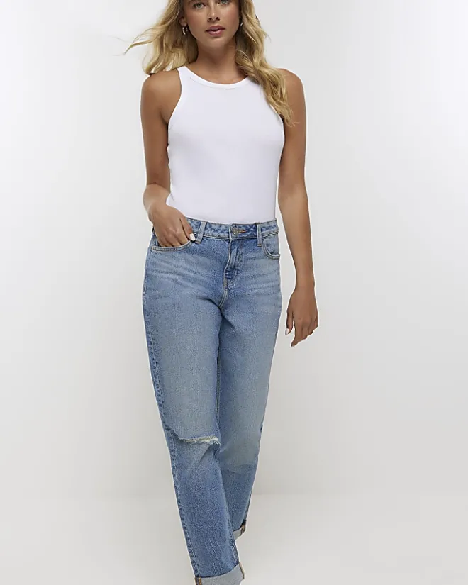 River Island mid rise relaxed straight jeans Blue Hot