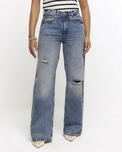 River Island mid rise ripped wide leg jeans Blue New