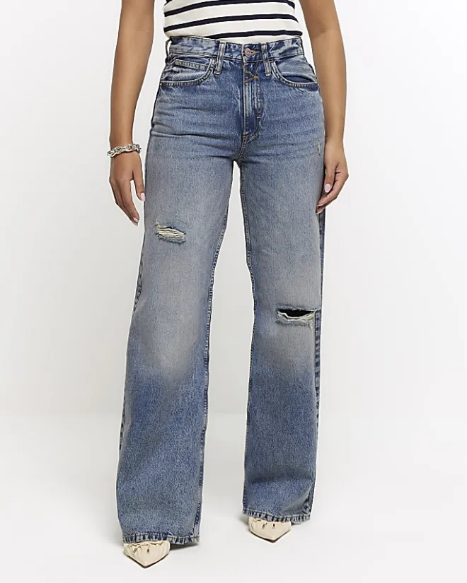 River Island mid rise ripped wide leg jeans Blue New