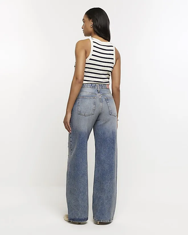 River Island mid rise ripped wide leg jeans Blue New