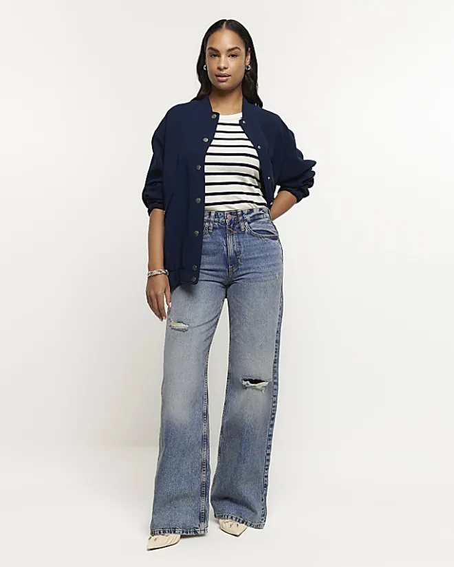 River Island mid rise ripped wide leg jeans Blue New
