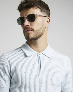 River Island muscle fit knitted half zip polo Blue Fashion
