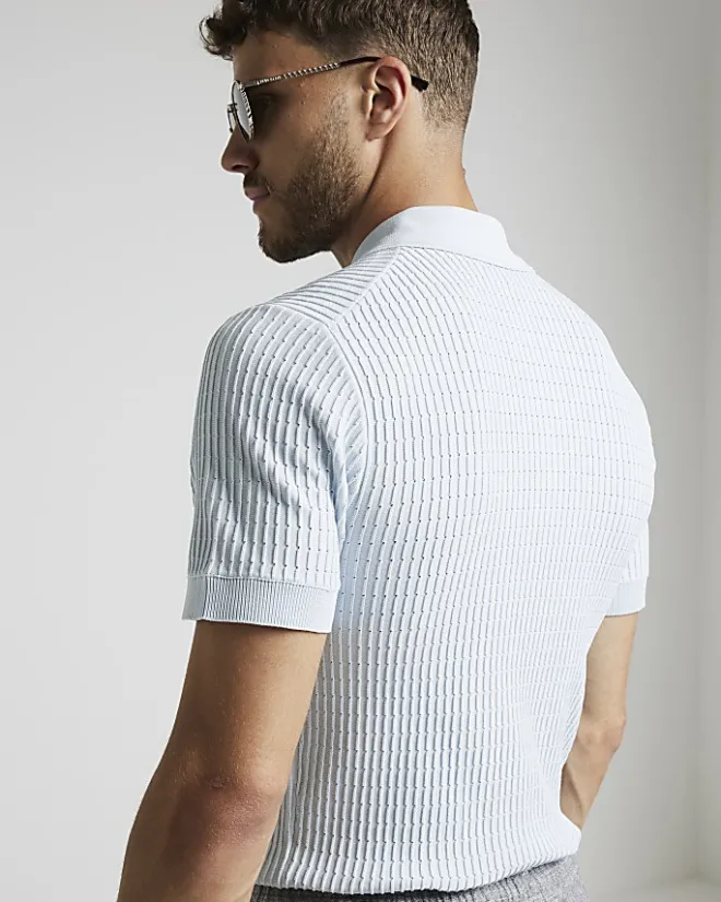 River Island muscle fit knitted half zip polo Blue Fashion