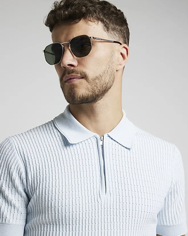 River Island muscle fit knitted half zip polo Blue Fashion