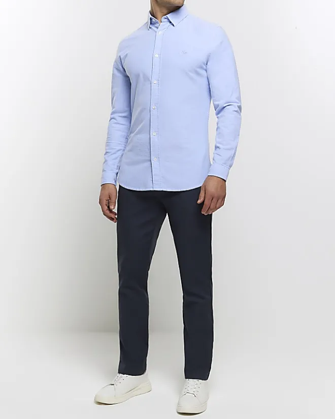 River Island Muscle Fit Oxford Smart Shirt Blue Clearance