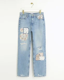 River Island patch stove pipe straight jeans Blue Outlet