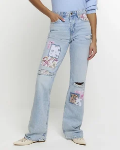 River Island patch stove pipe straight jeans Blue Outlet