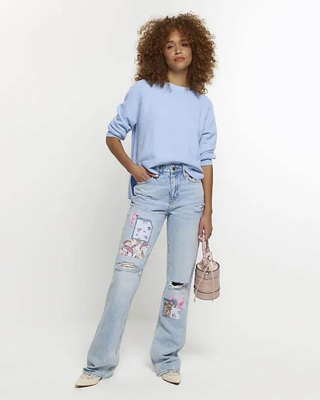 River Island patch stove pipe straight jeans Blue Outlet