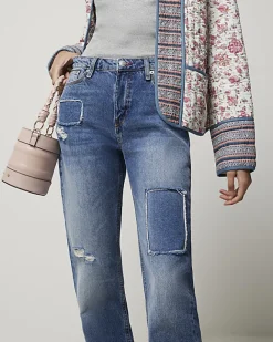River Island patch stove pipe straight jeans Blue Fashion