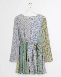 River Island patchwork belted shift mini dress Blue Online